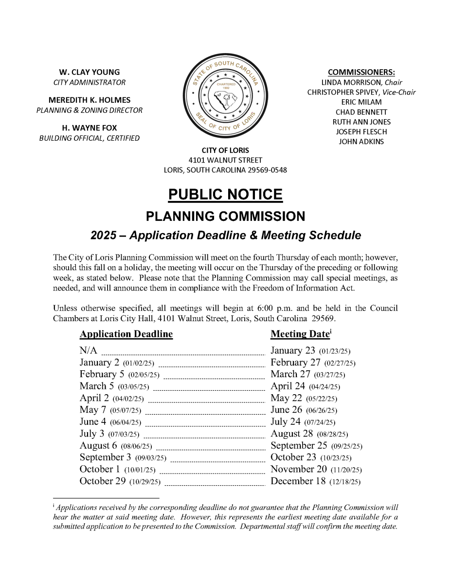 Planning Commission - 2025 Application Deadline & Meeting Schedule